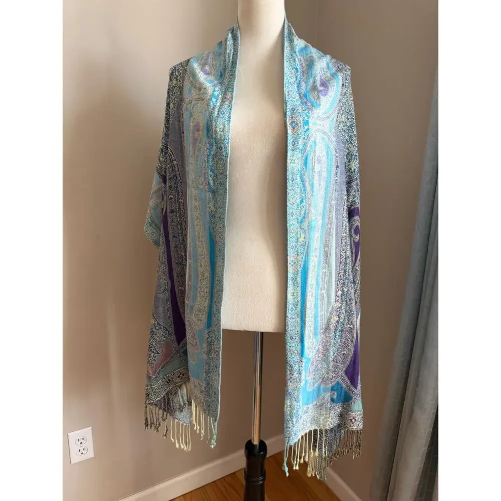 Pastel Paisley Scarf Blue Lavender Silky Fringe Wrap 75x20 Cottage Coquette Soft